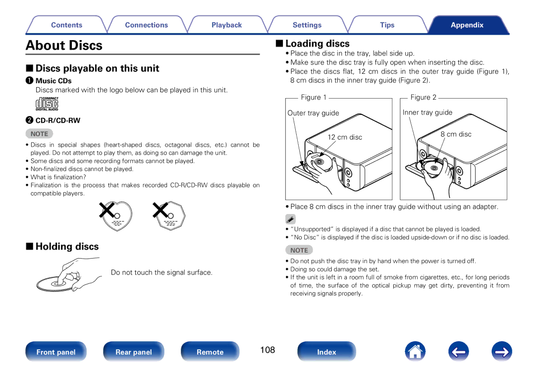 Marantz M-CR610 appendix About Discs, 22Discs playable on this unit, 22Loading discs, 22Holding discs 