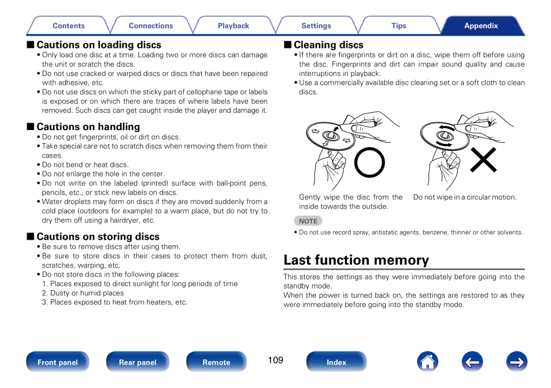 Marantz M-CR610 Last function memory, 22Cautions on loading discs, 22Cautions on handling, 22Cautions on storing discs 
