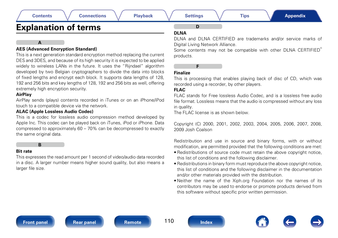 Marantz M-CR610 Explanation of terms, AES Advanced Encryption Standard, Finalize, AirPlay, Alac Apple Lossless Audio Codec 