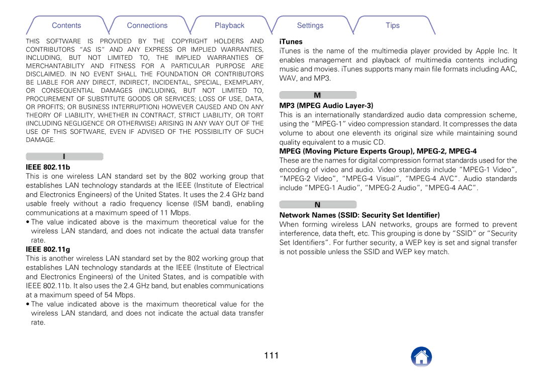 Marantz M-CR610 appendix ITunes, MP3 Mpeg Audio Layer-3, Mpeg Moving Picture Experts Group, MPEG-2, MPEG-4, Ieee 802.11b 