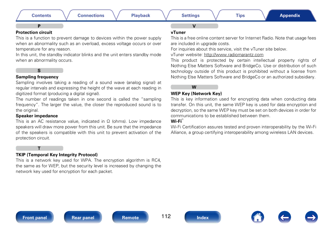 Marantz M-CR610 appendix Protection circuit VTuner, Sampling frequency, WEP Key Network Key, Speaker impedance, Wi-Fi 