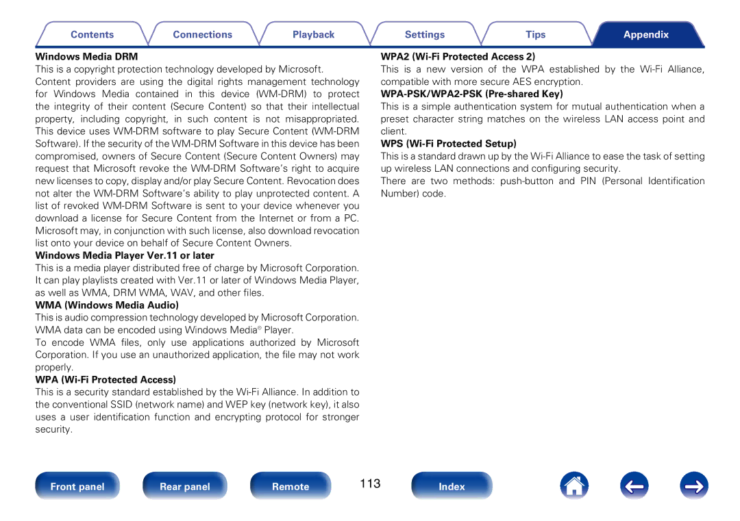 Marantz M-CR610 appendix Windows Media DRM, Windows Media Player Ver.11 or later, WMA Windows Media Audio 