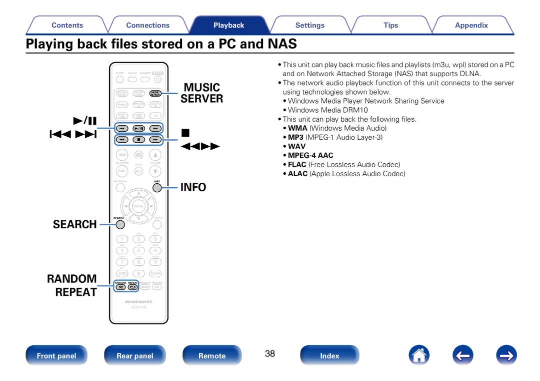 Marantz M-CR610 On Network Attached Storage NAS that supports Dlna, Using technologies shown below, Windows Media DRM10 