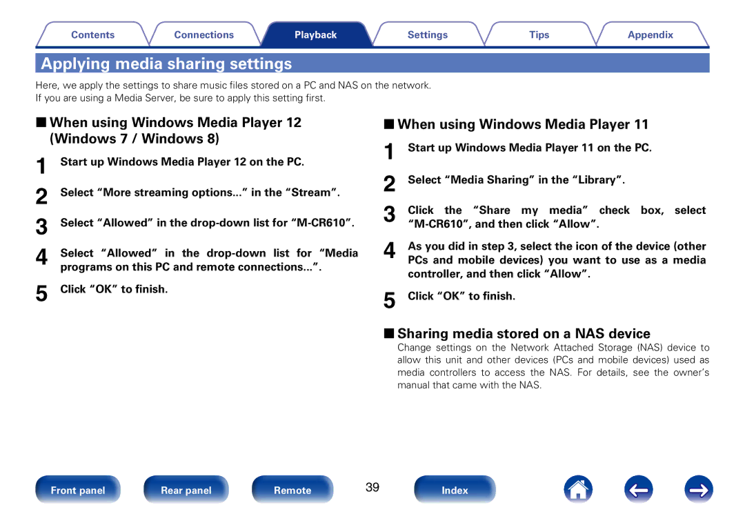 Marantz M-CR610 appendix Applying media sharing settings, 22When using Windows Media Player 12 Windows 7 / Windows 