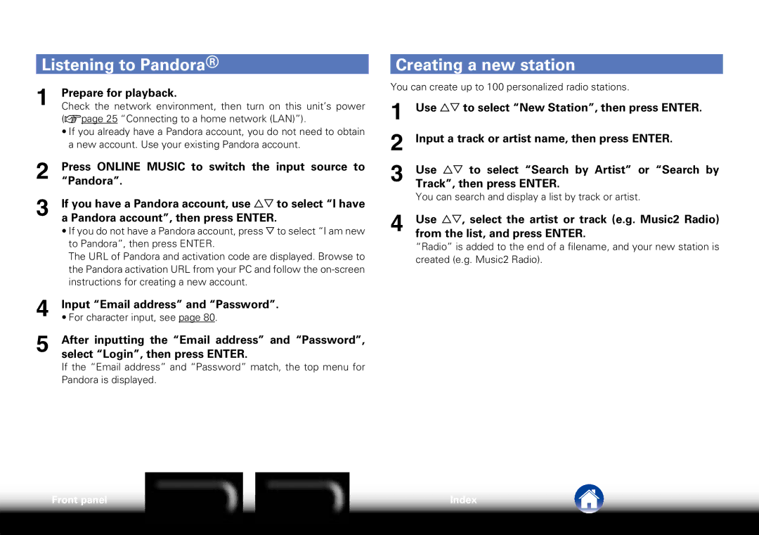 Marantz M-CR610 appendix Listening to Pandora Creating a new station, Use ui to select New Station, then press Enter 