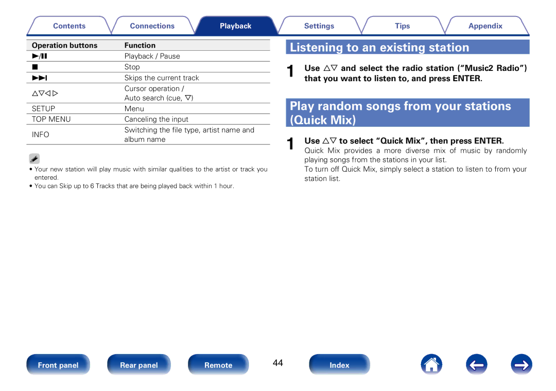 Marantz M-CR610 appendix Listening to an existing station, Play random songs from your stations, Quick Mix 