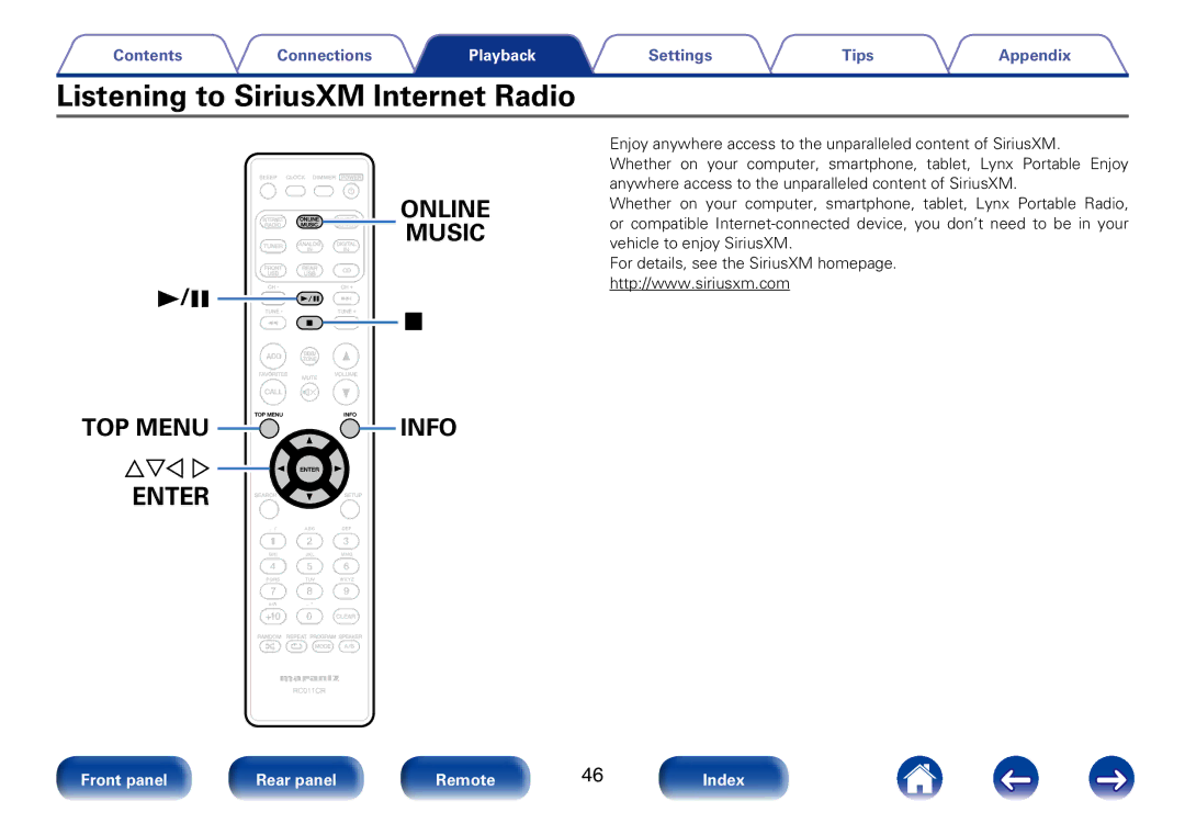 Marantz M-CR610 appendix Listening to SiriusXM Internet Radio 