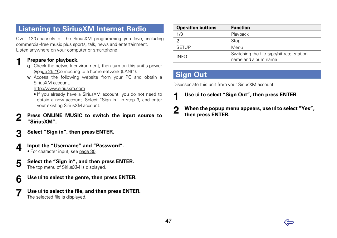 Marantz M-CR610 appendix Listening to SiriusXM Internet Radio, Use ui to select Sign Out, then press Enter 