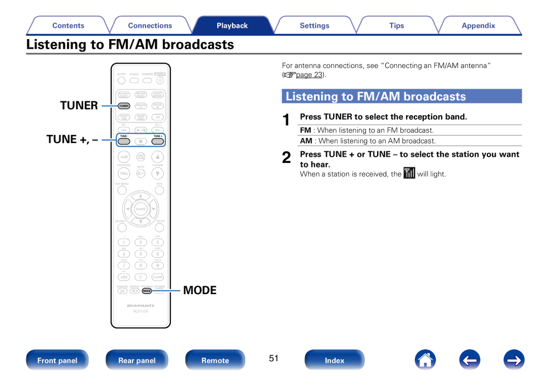 Marantz M-CR610 appendix Listening to FM/AM broadcasts, Press Tuner to select the reception band, To hear 