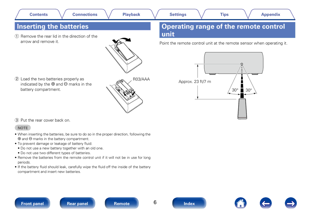 Marantz M-CR610 appendix Inserting the batteries, Operating range of the remote control unit 