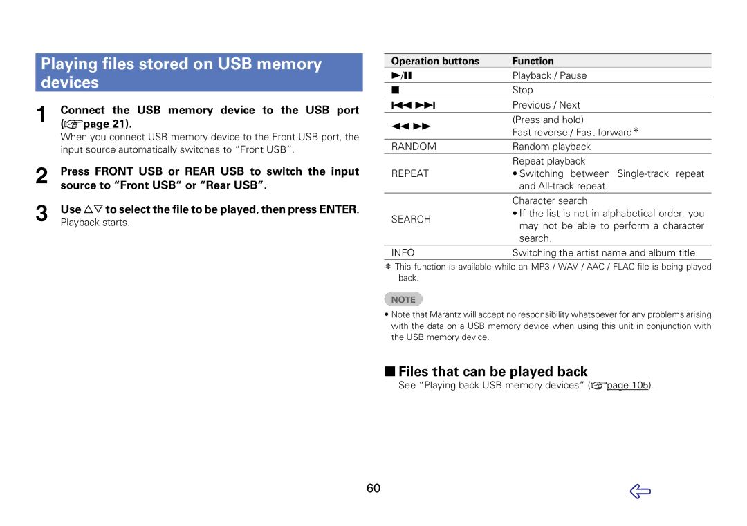 Marantz M-CR610 appendix Playing files stored on USB memory, Devices, Connect the USB memory device to the USB port, Vpage 