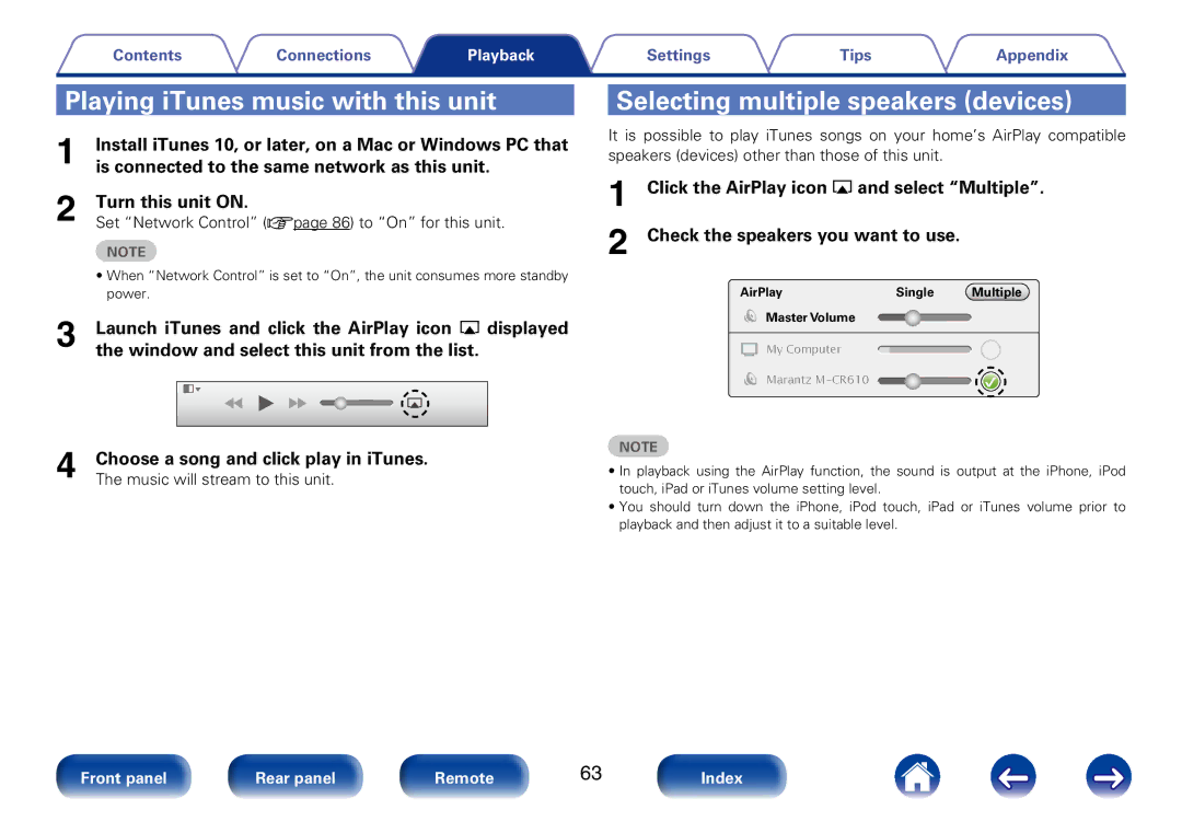 Marantz M-CR610 appendix Playing iTunes music with this unit, Selecting multiple speakers devices 