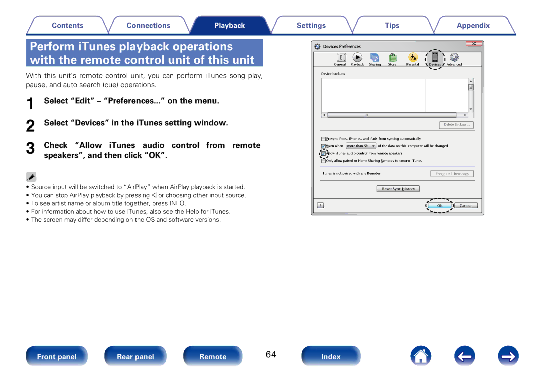 Marantz M-CR610 appendix Select Edit Preferences... on the menu, Select Devices in the iTunes setting window 