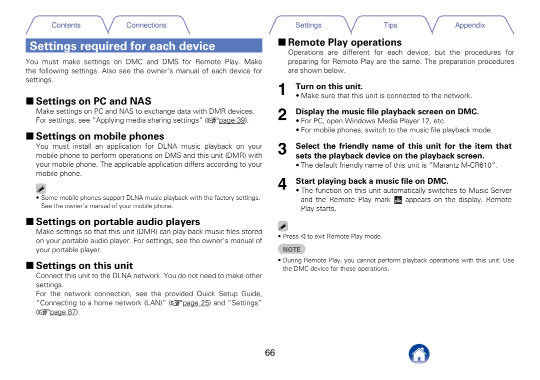 Marantz M-CR610 appendix Settings required for each device, 22Settings on PC and NAS, 22Settings on mobile phones 