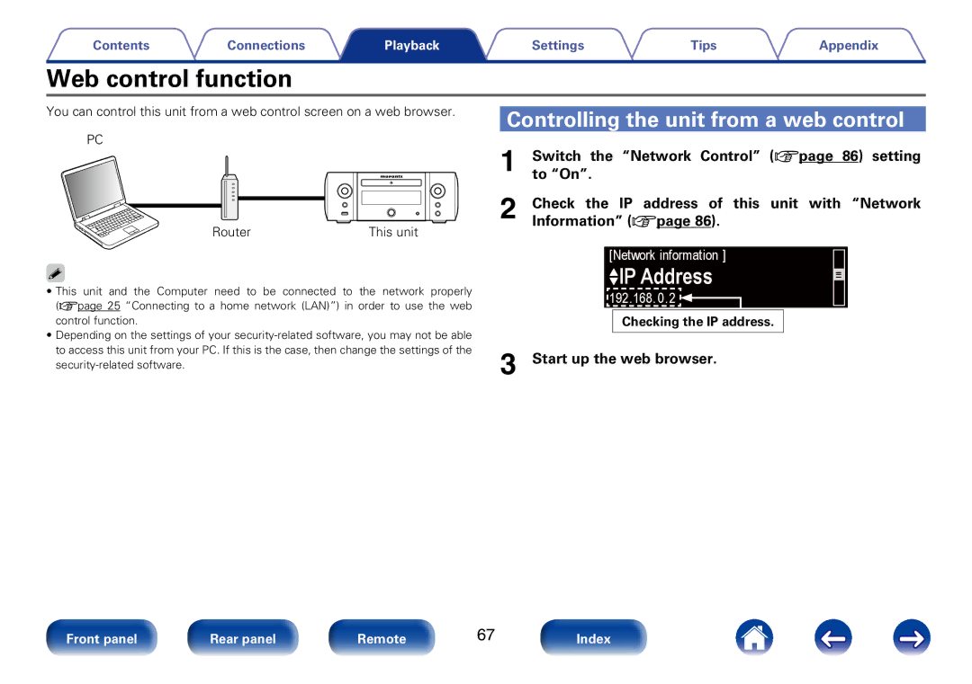 Marantz M-CR610 appendix Web control function, Controlling the unit from a web control, Start up the web browser 