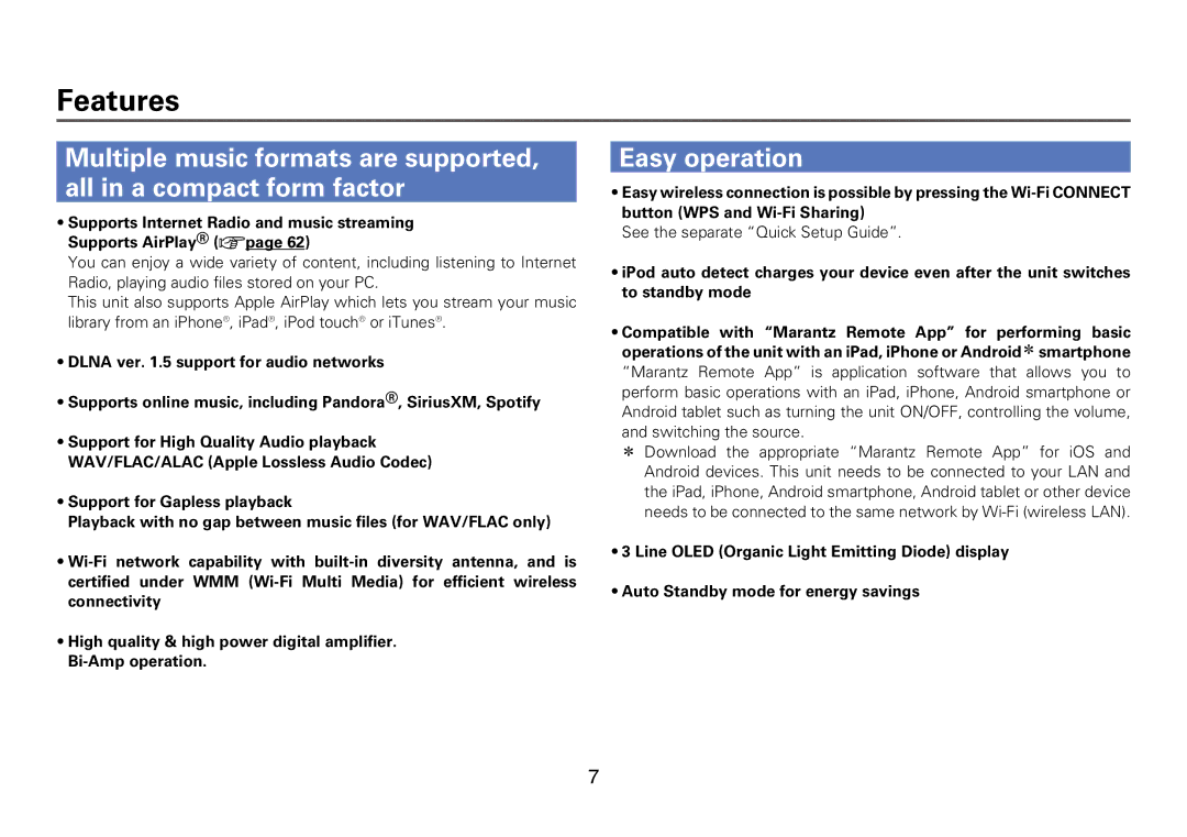 Marantz M-CR610 appendix Features, Easy operation, See the separate Quick Setup Guide 