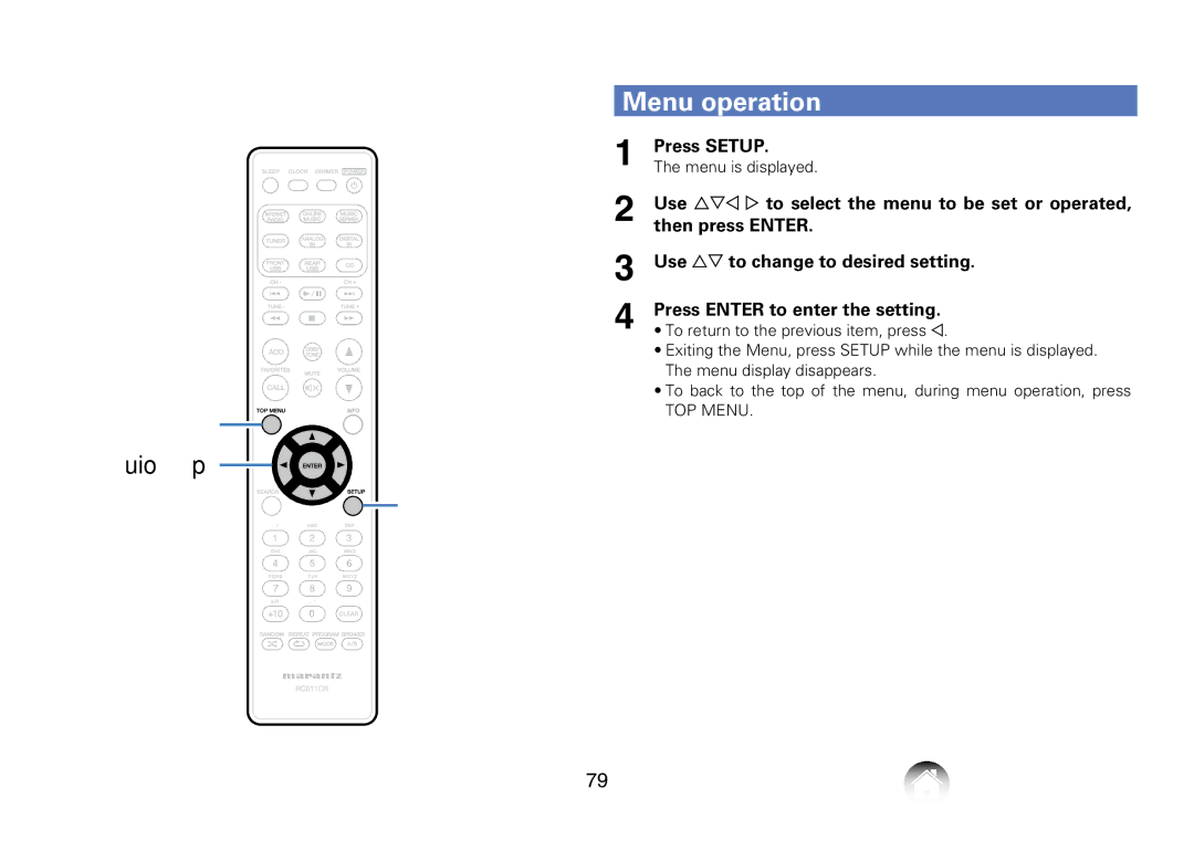 Marantz M-CR610 appendix Menu operation, Press Setup, Use uio p to select the menu to be set or operated 