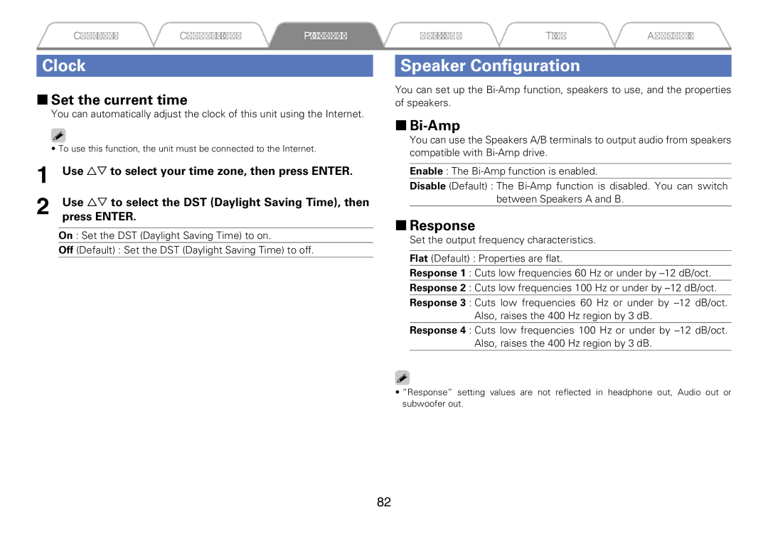 Marantz M-CR610 appendix Clock Speaker Configuration, 22Set the current time, 22Bi-Amp, 22Response 