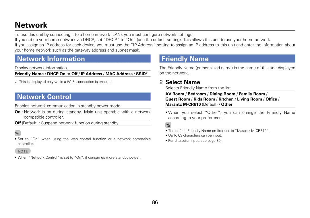 Marantz M-CR610 appendix Network Information, Network Control, Friendly Name, 22Select Name 