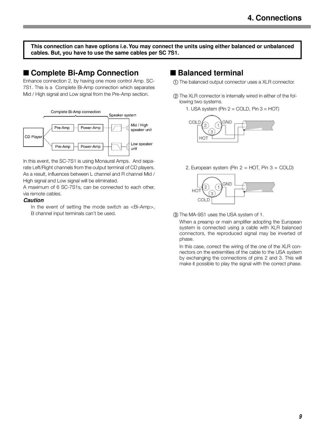 Marantz MA-9S1 manual Complete Bi-Amp Connection, Balanced terminal 