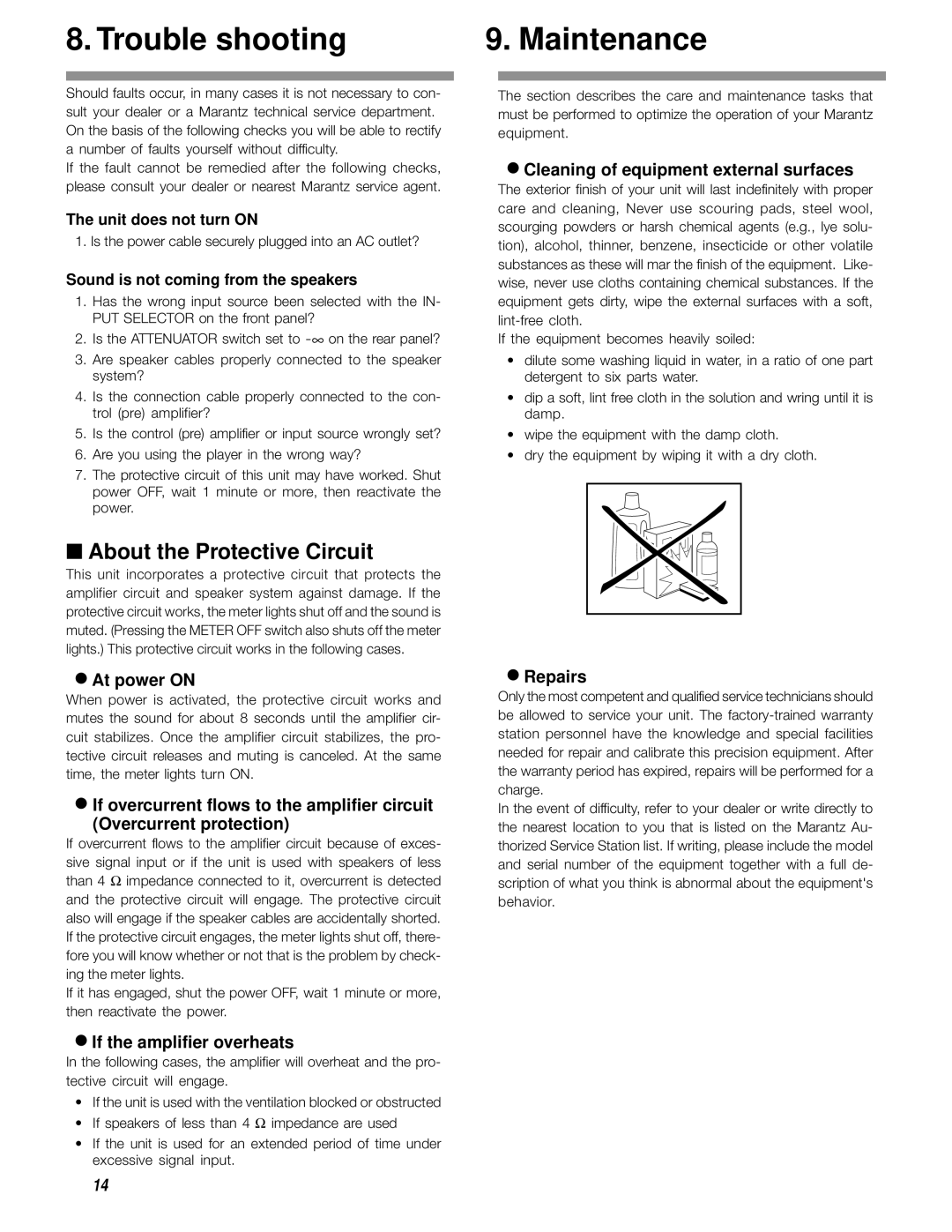 Marantz MA-9S1 manual Trouble shooting, Maintenance, About the Protective Circuit 