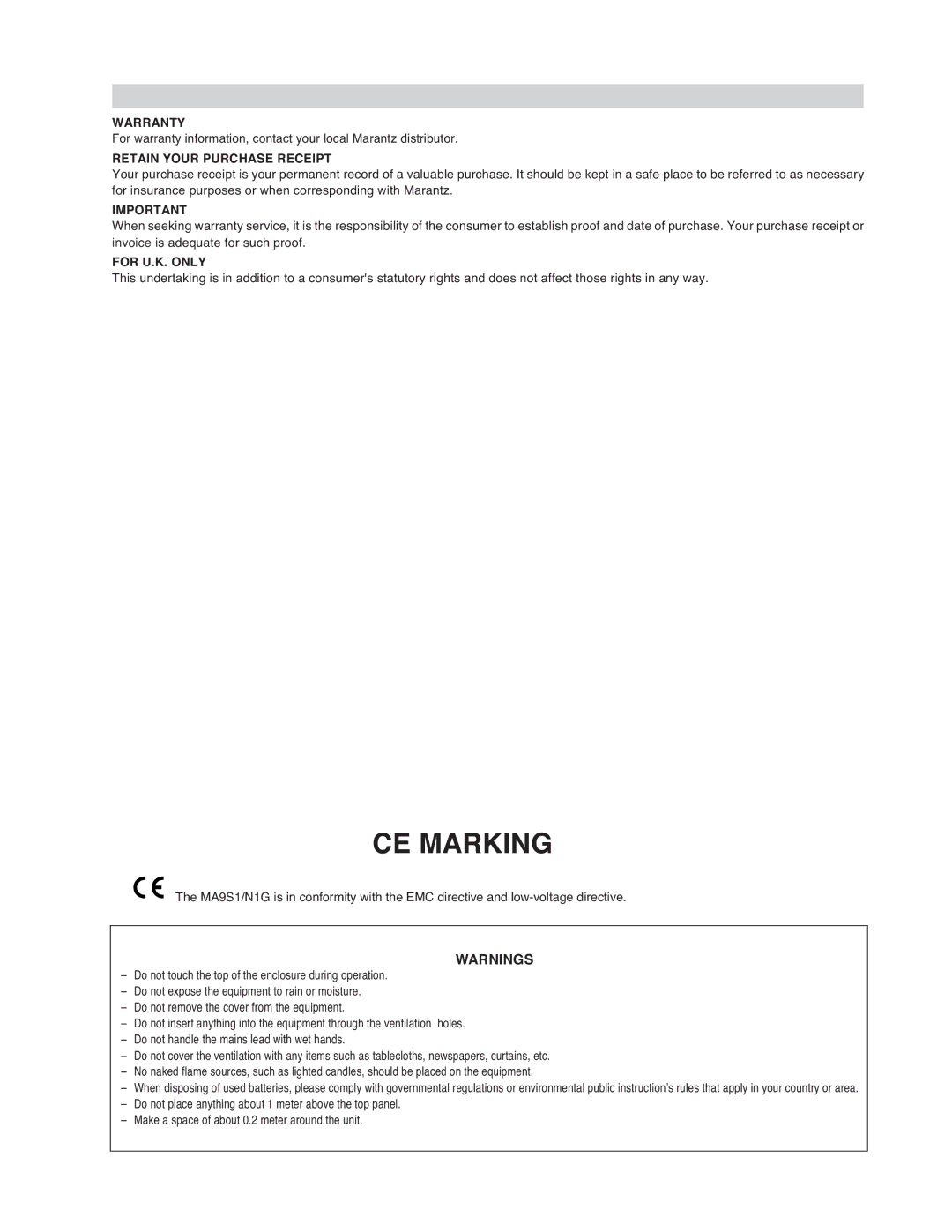 Marantz MA-9S1 manual CE Marking 