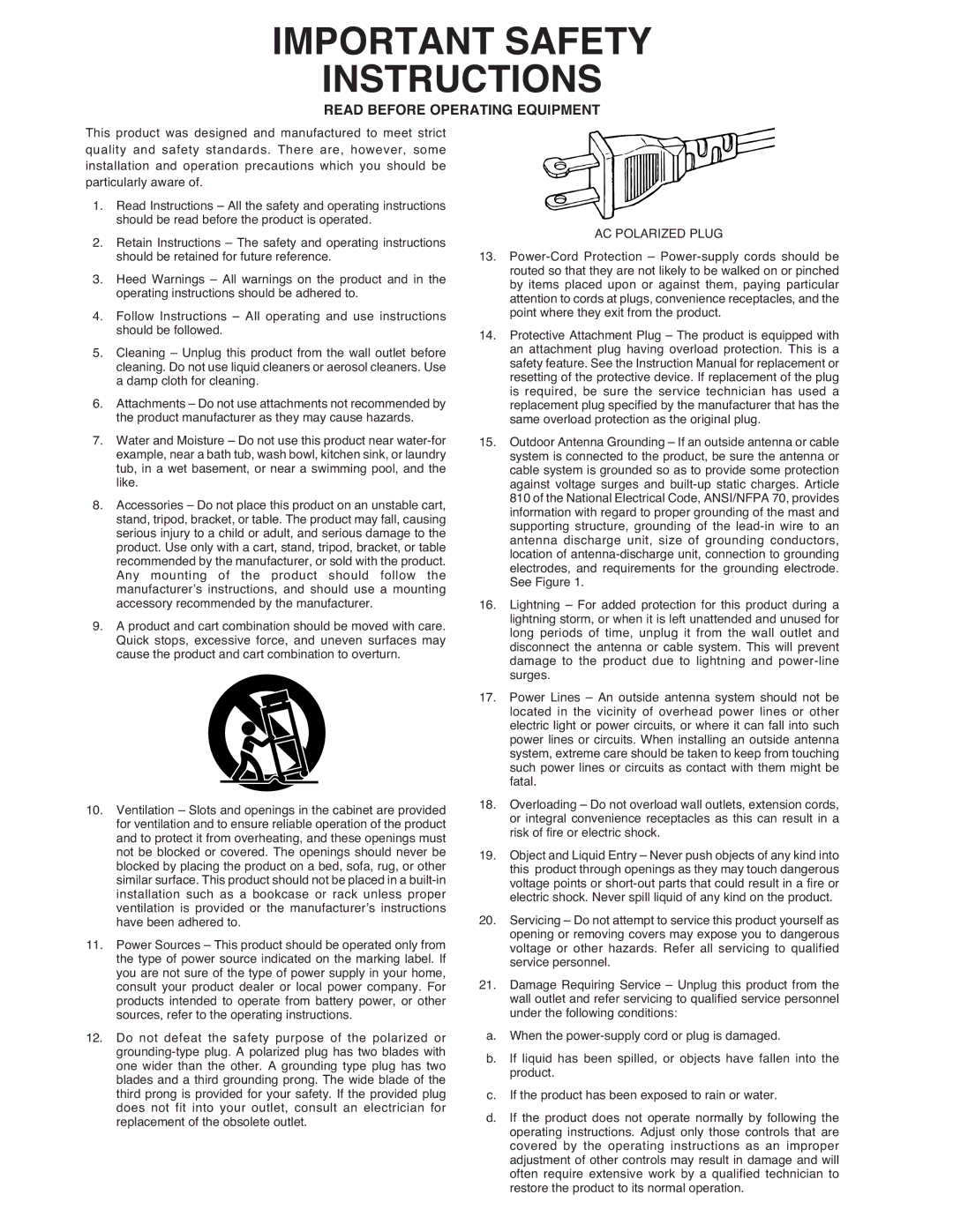 Marantz MA-9S1 manual Important Safety Instructions 