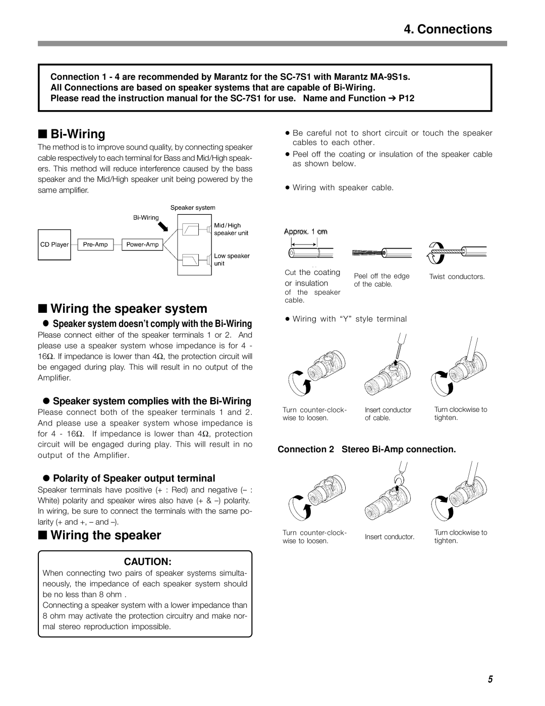 Marantz MA-9S1 manual Connections, Bi-Wiring, Wiring the speaker system 