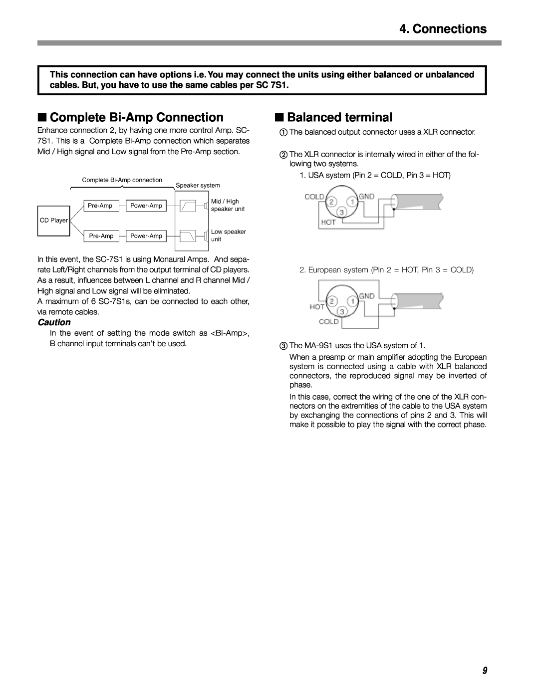 Marantz MA-9S1 manual Complete Bi-AmpConnection, Balanced terminal, Connections 