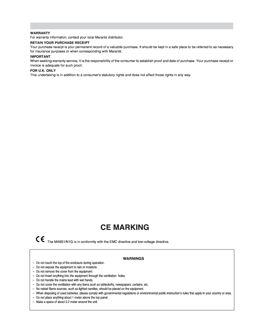 Marantz MA-9S1 manual Ce Marking, Warnings, Warranty, Retain Your Purchase Receipt, For U.K. Only 