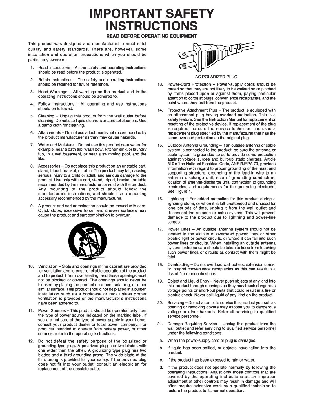 Marantz MA-9S1 manual Important Safety Instructions, Read Before Operating Equipment 