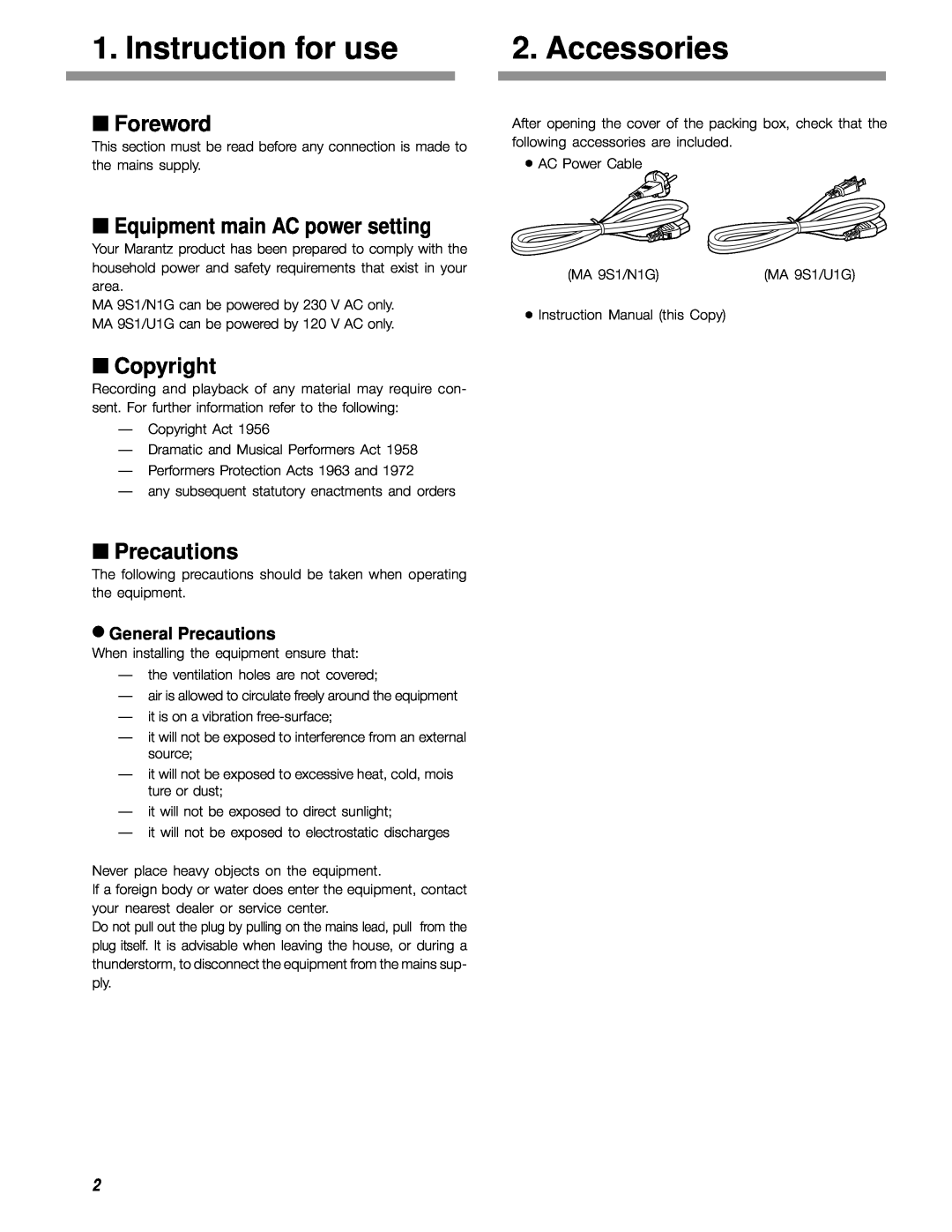 Marantz MA-9S1 manual Instruction for use, Accessories, Foreword, Equipment main AC power setting, Copyright, Precautions 
