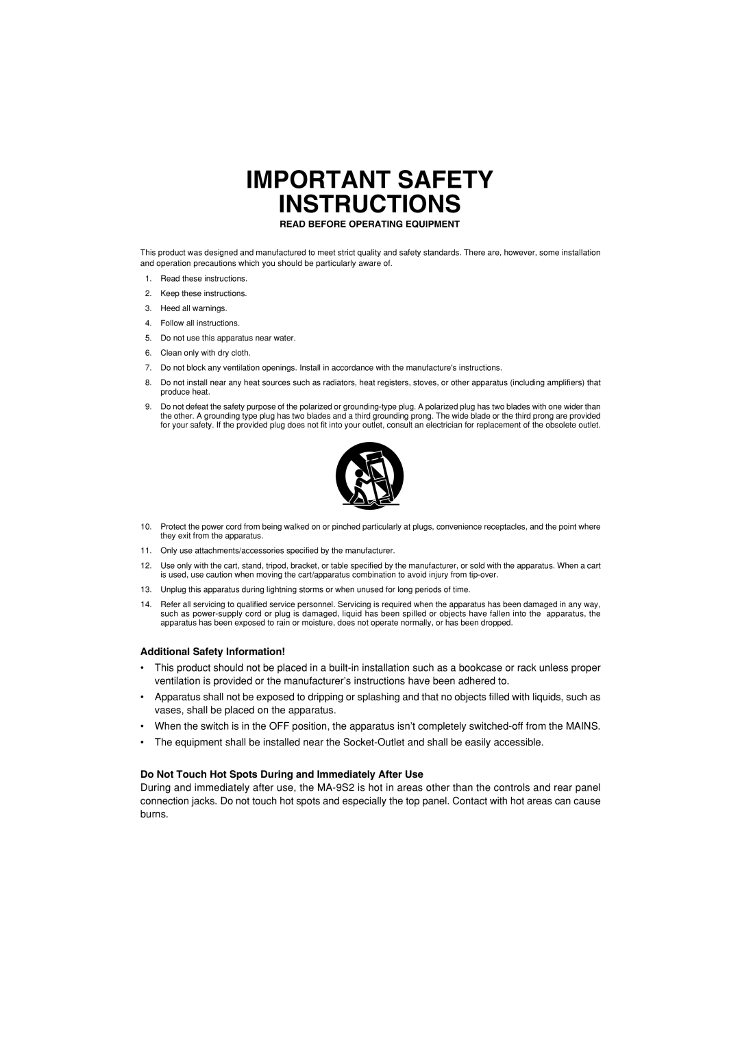 Marantz MA-9S2 manual Important Safety Instructions 