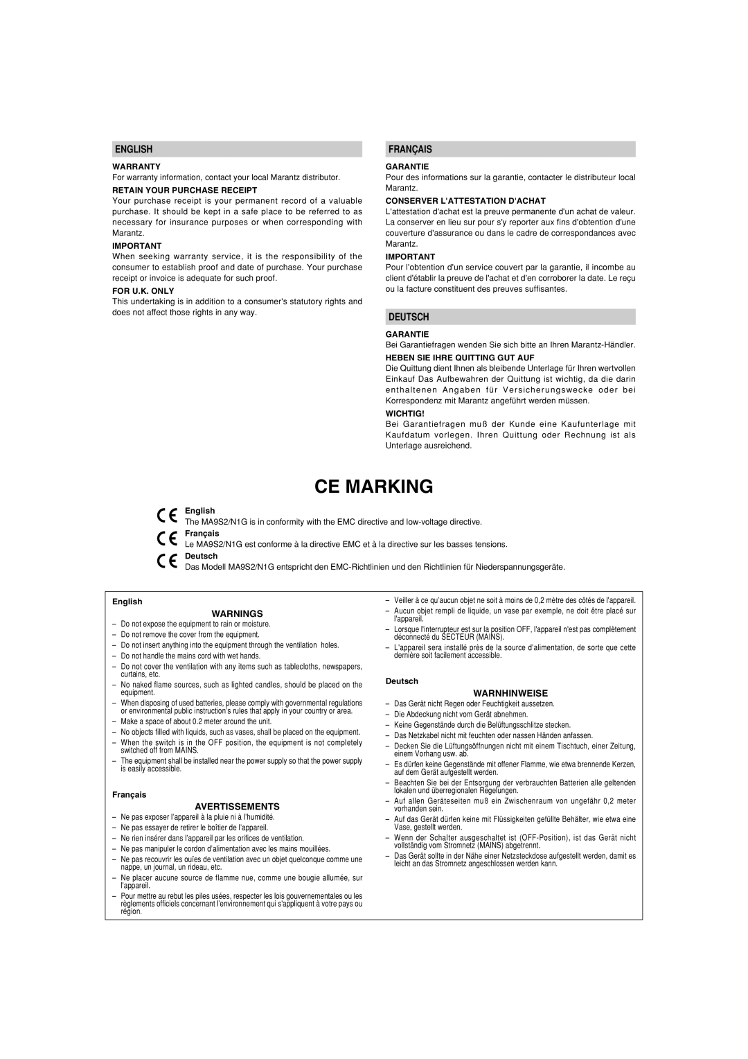 Marantz MA-9S2 manual CE Marking 