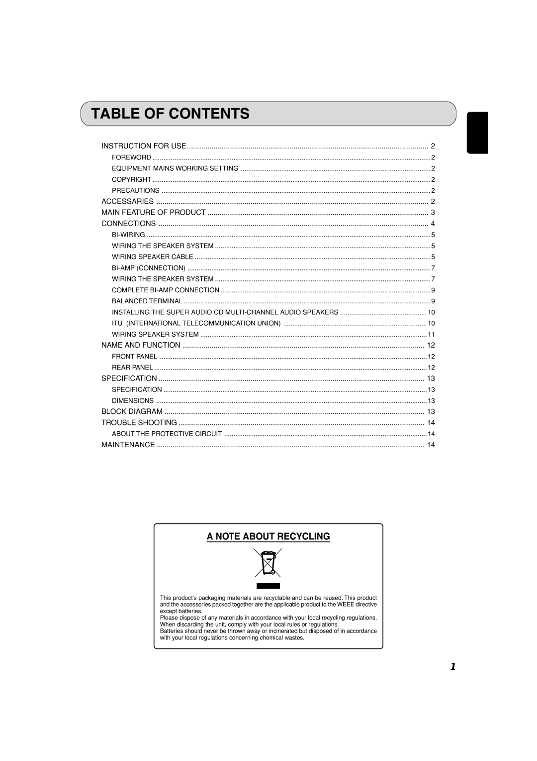 Marantz MA-9S2 manual Table of Contents 