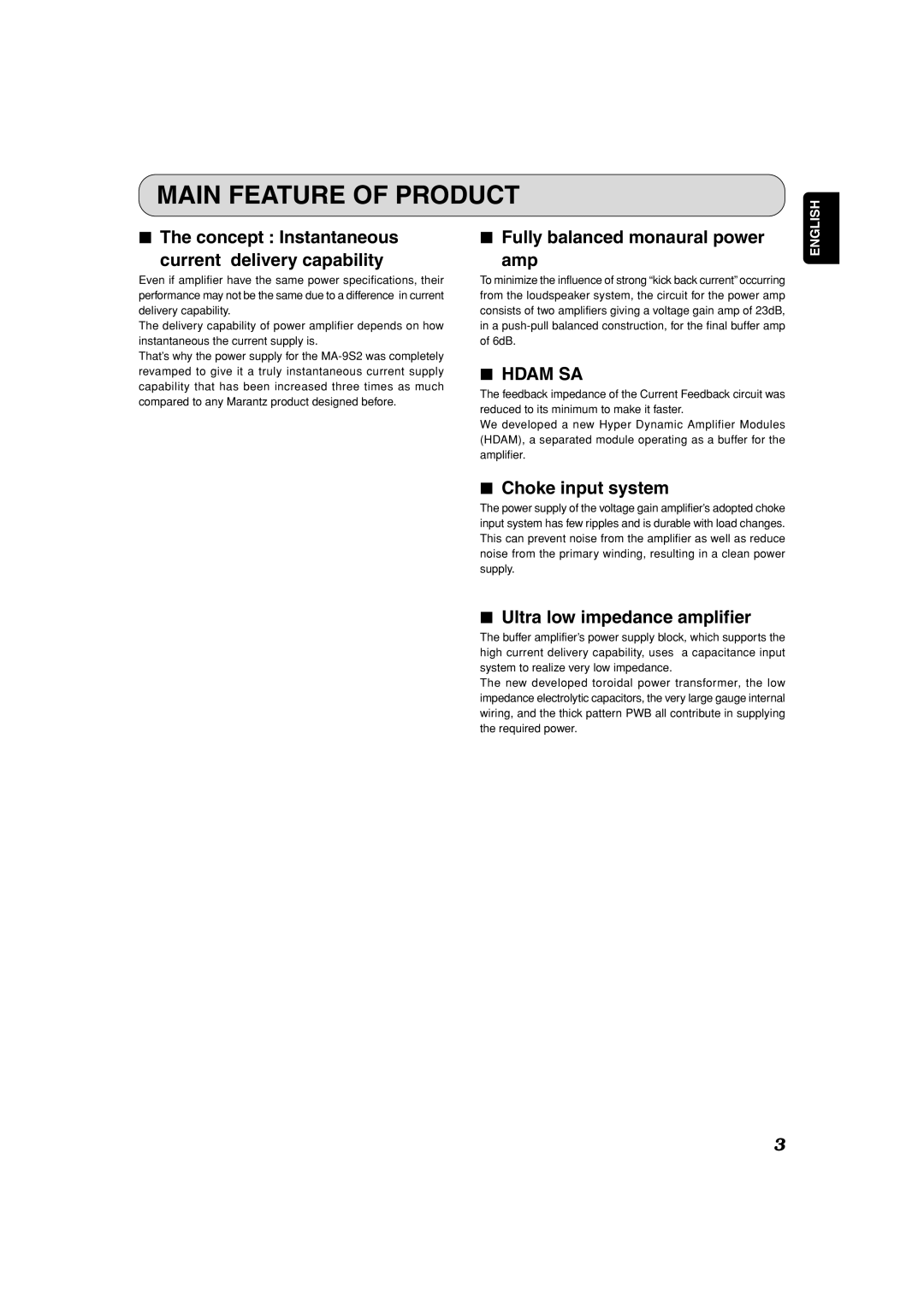 Marantz MA-9S2 manual Main Feature of Product, Hdam SA 