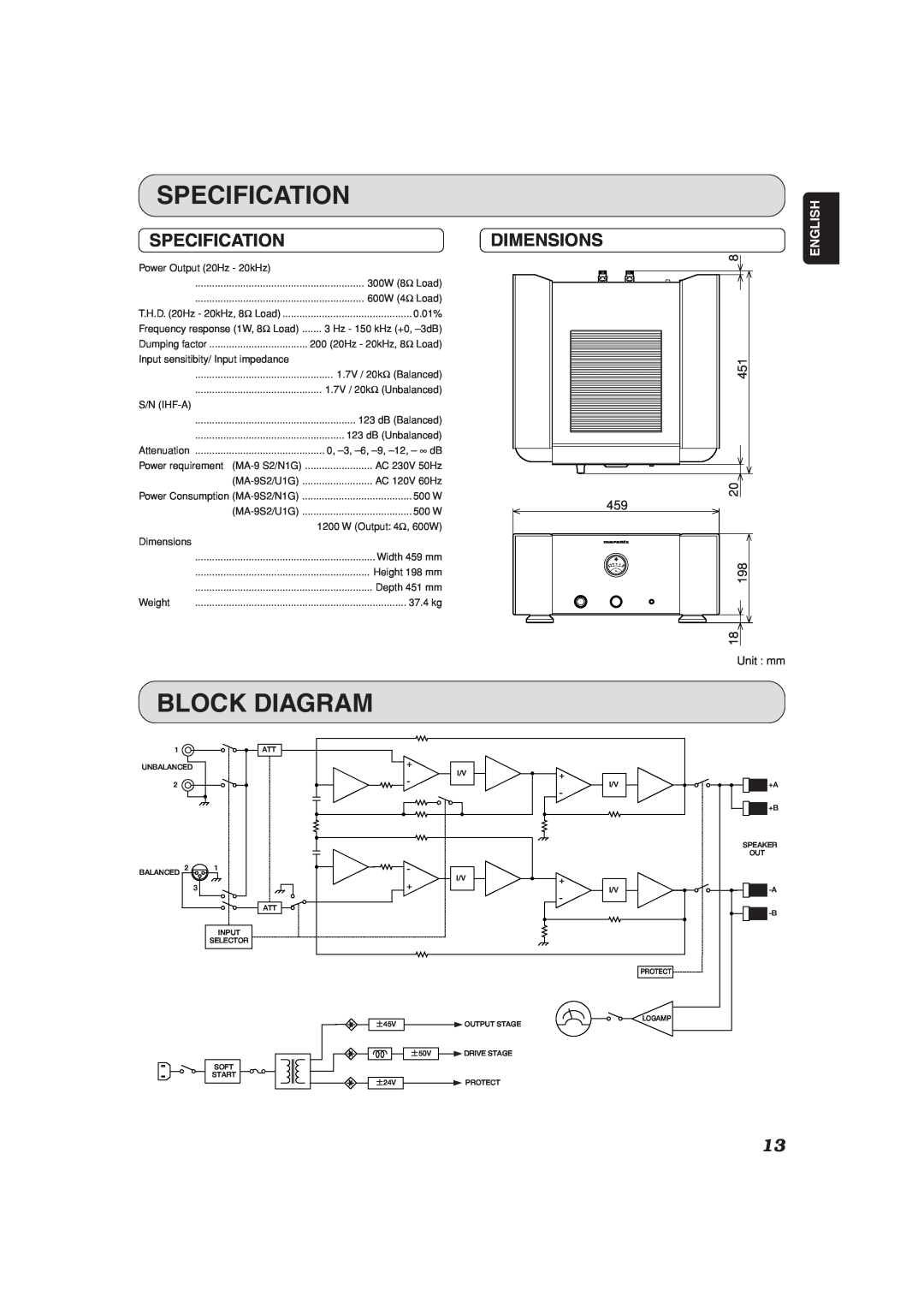 Marantz MA-9S2 manual Specification, Block Diagram, Dimensions, English 