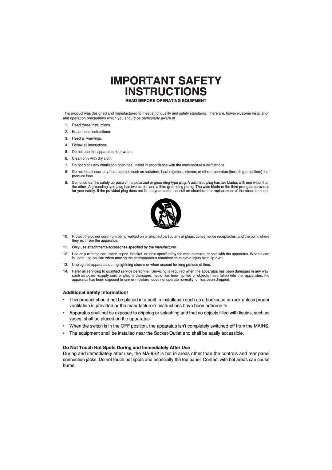 Marantz MA-9S2 manual Important Safety Instructions, Additional Safety Information 