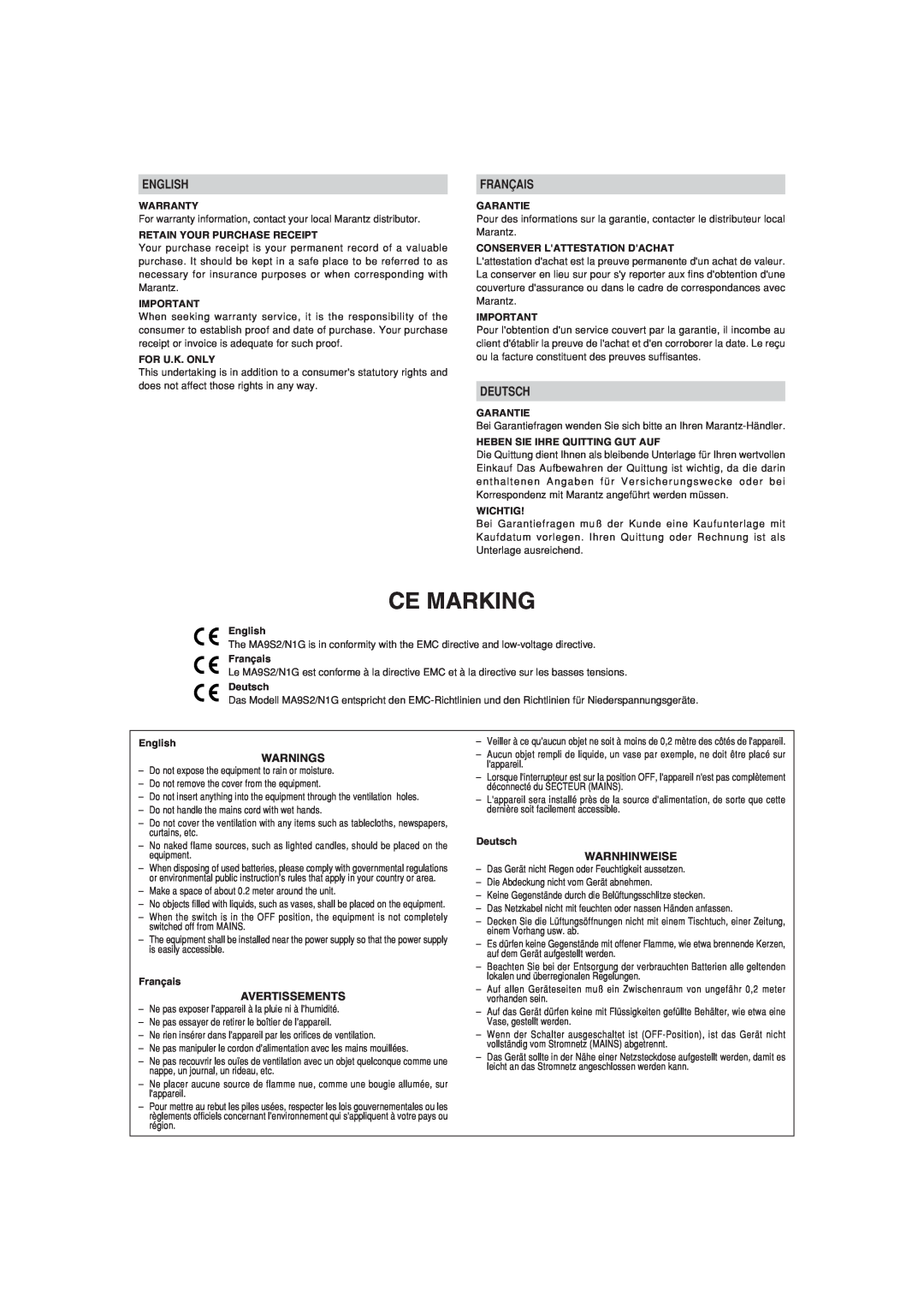Marantz MA-9S2 manual Ce Marking, English, Français, Deutsch, Warnings, Avertissements, Warnhinweise 