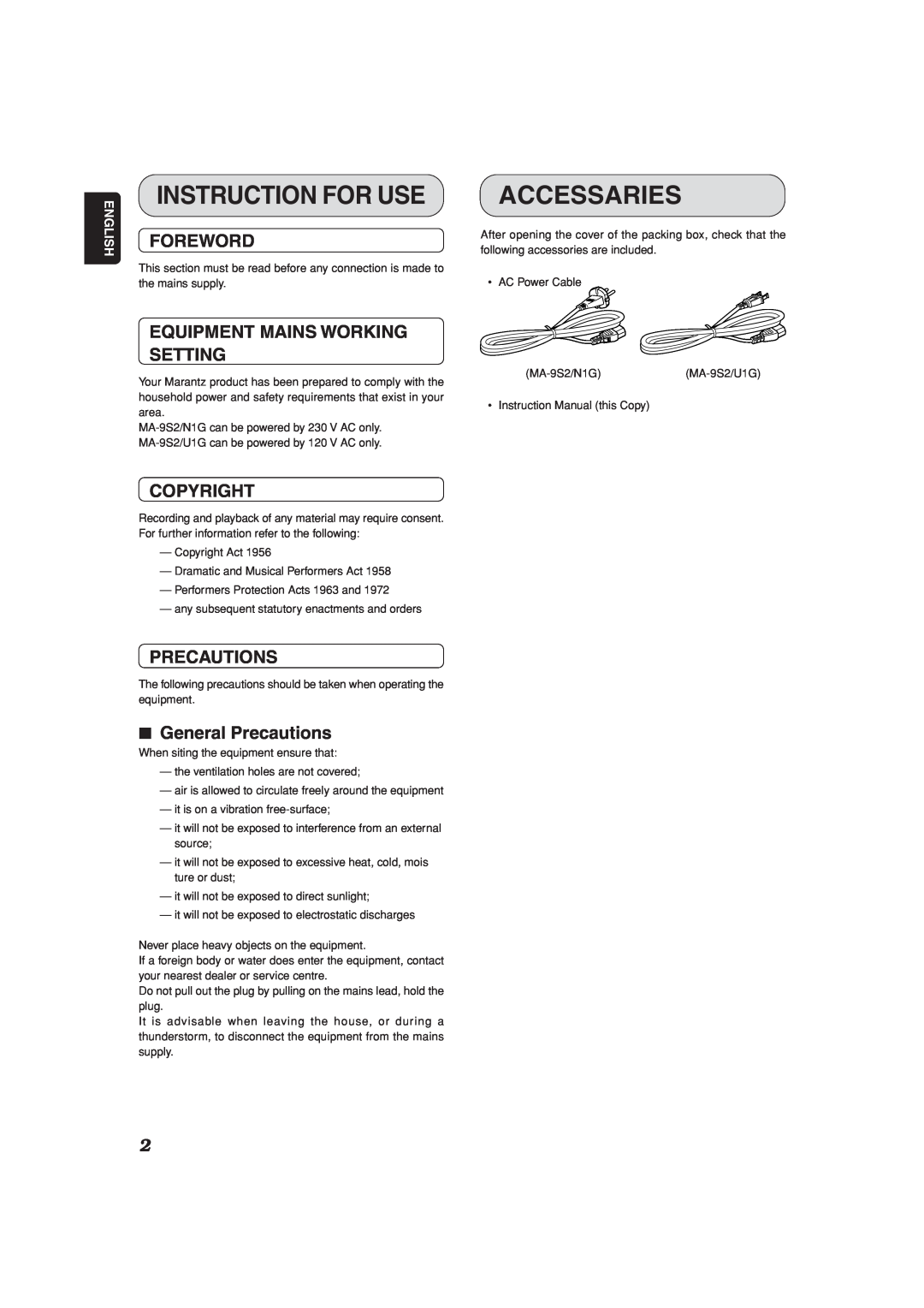 Marantz MA-9S2 manual Instruction For Use, Accessaries, Foreword, Equipment Mains Working Setting, Copyright, Precautions 