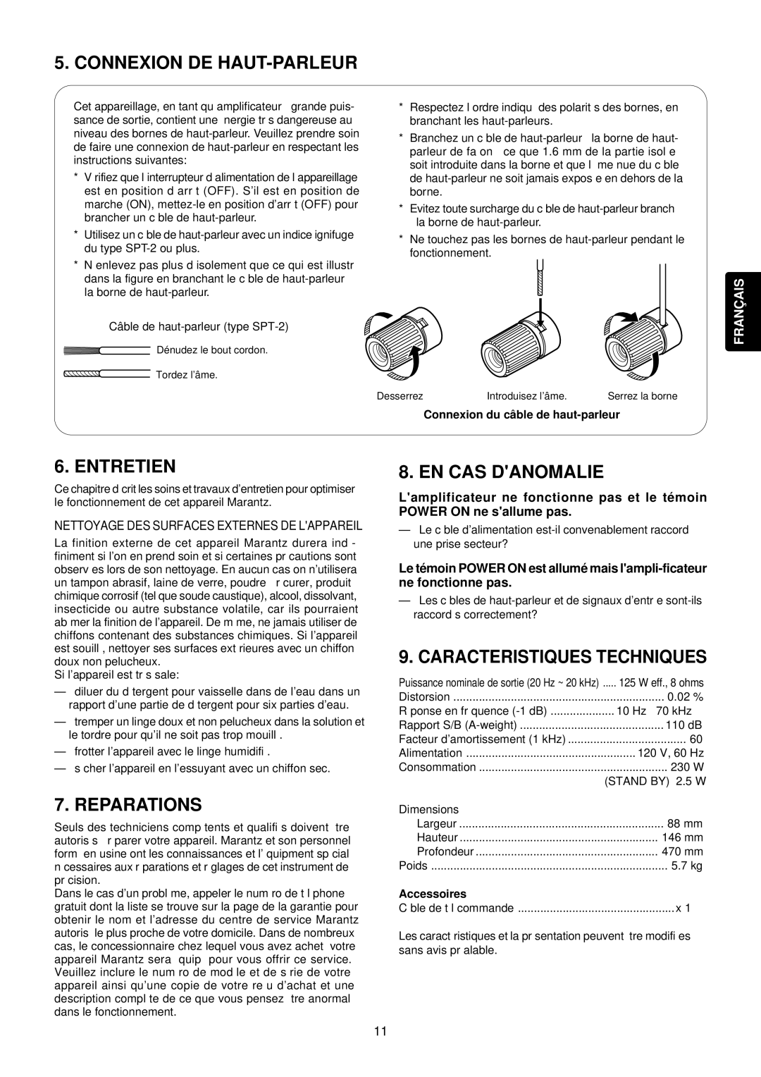 Marantz MA6100 manual Connexion DE HAUT-PARLEUR, Entretien, Reparations, EN CAS Danomalie, Caracteristiques Techniques 