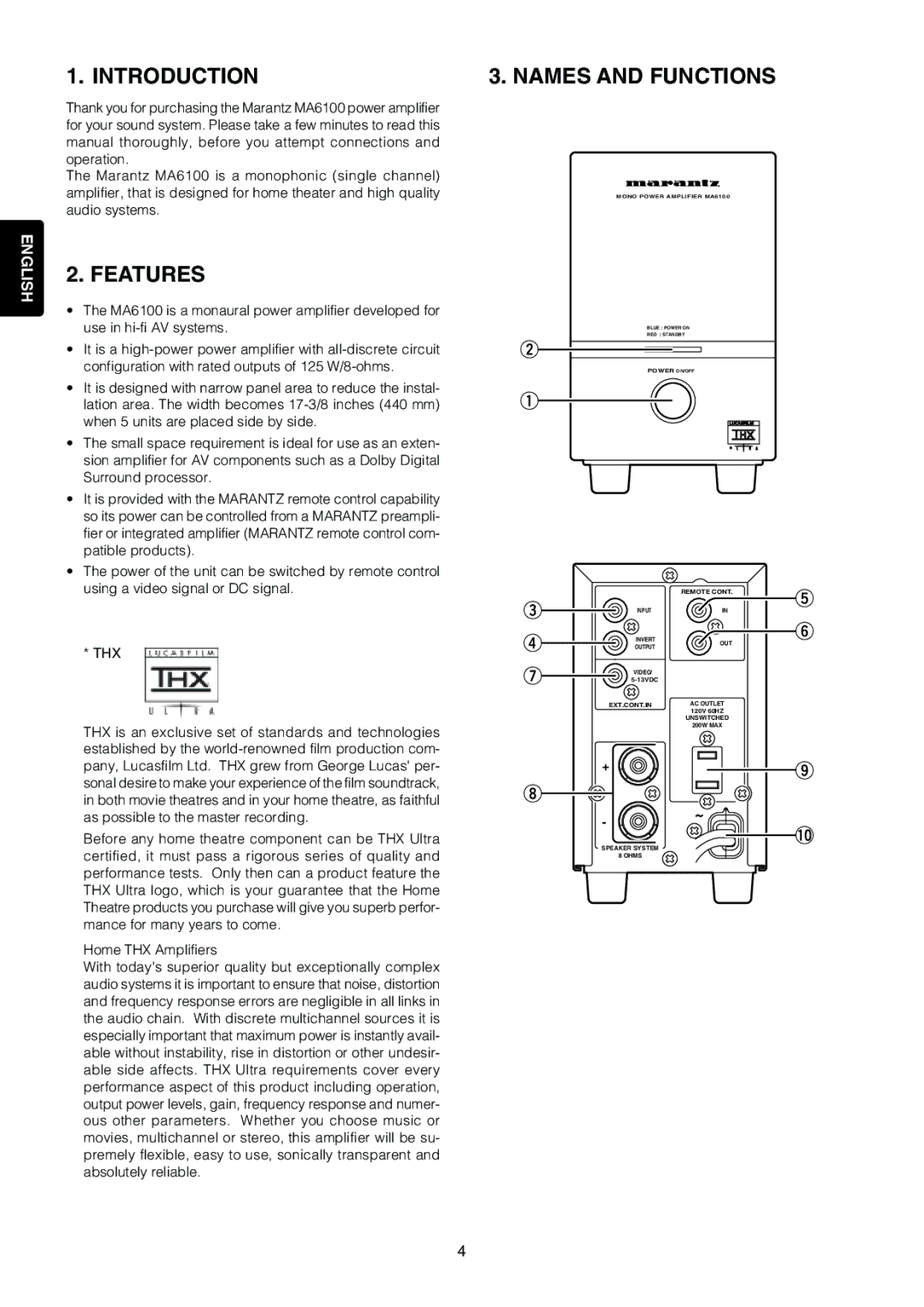 Marantz MA6100 manual Introduction, Features, Names and Functions 