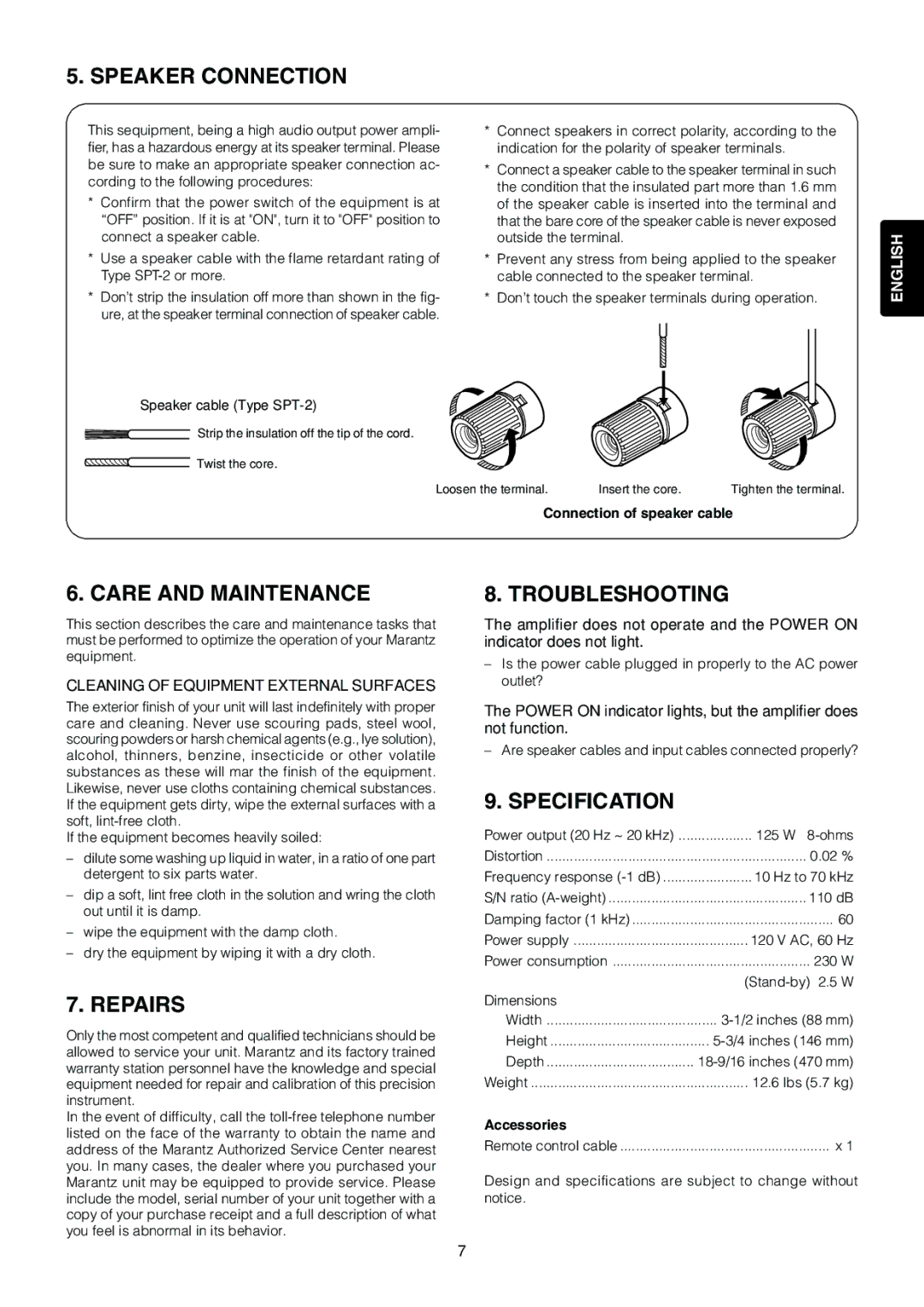 Marantz MA6100 manual Speaker Connection, Care and Maintenance, Repairs, Troubleshooting, Specification 