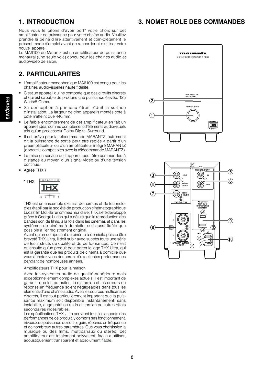 Marantz MA6100 manual Particularites, Nomet Role DES Commandes 