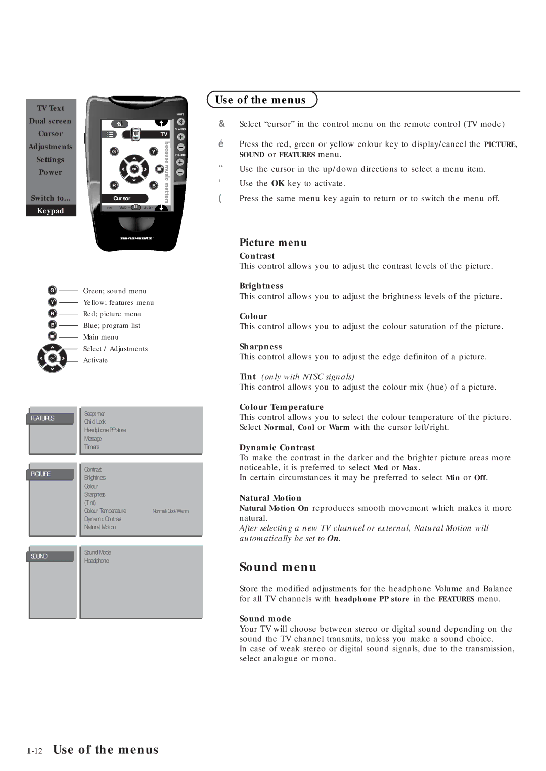 Marantz MAR0076 manual Sound menu, 12Use of the menus 