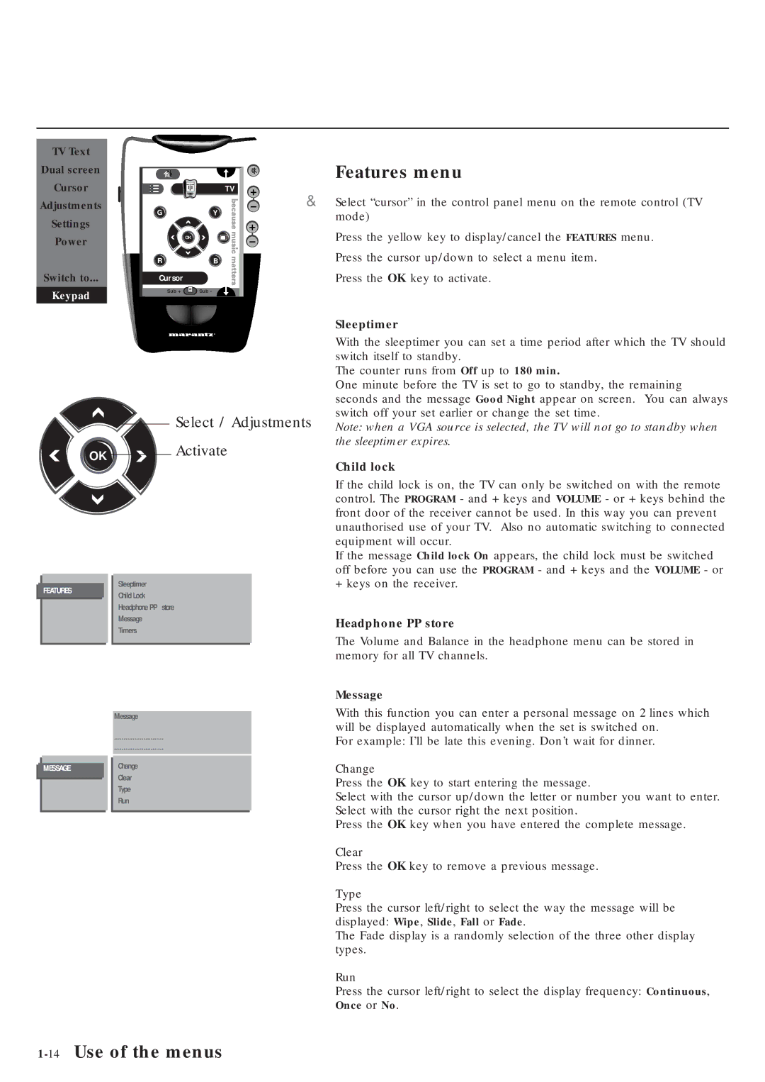 Marantz MAR0076 manual Features menu, 14Use of the menus 