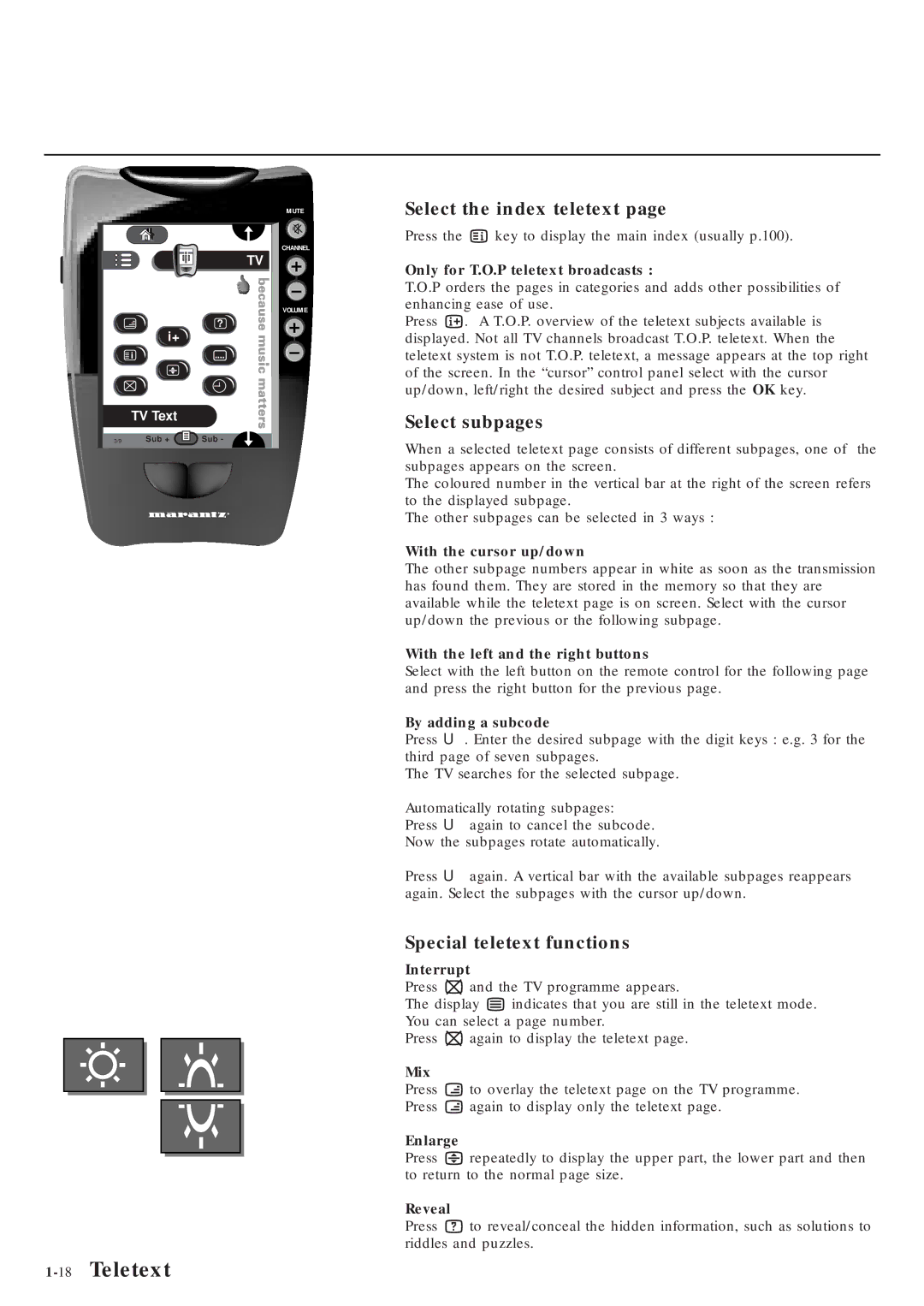 Marantz MAR0076 manual 18Teletext, Select the index teletext, Select subpages, Special teletext functions 