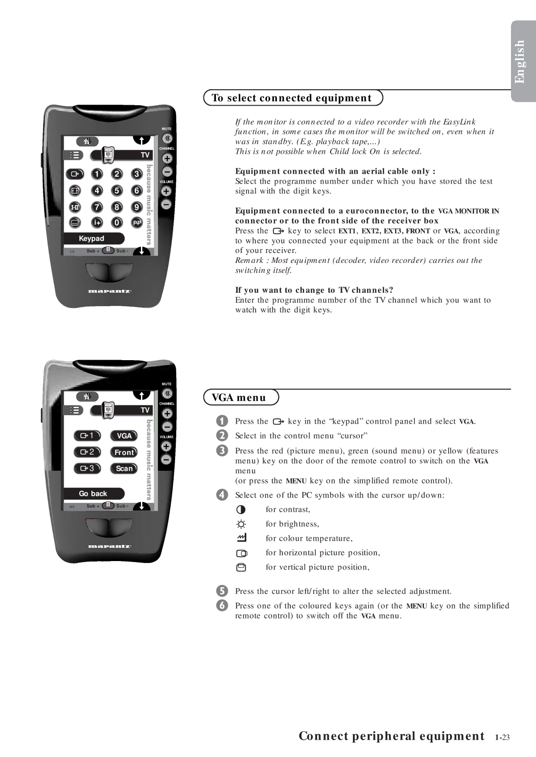 Marantz MAR0076 manual To select connected equipment, VGA menu, Equipment connected with an aerial cable only 