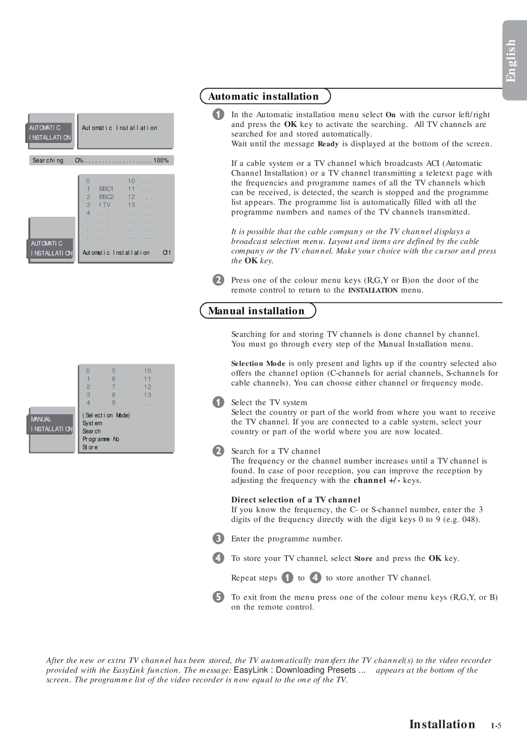 Marantz MAR0076 manual Installation, Automatic installation, Manual installation, Direct selection of a TV channel 