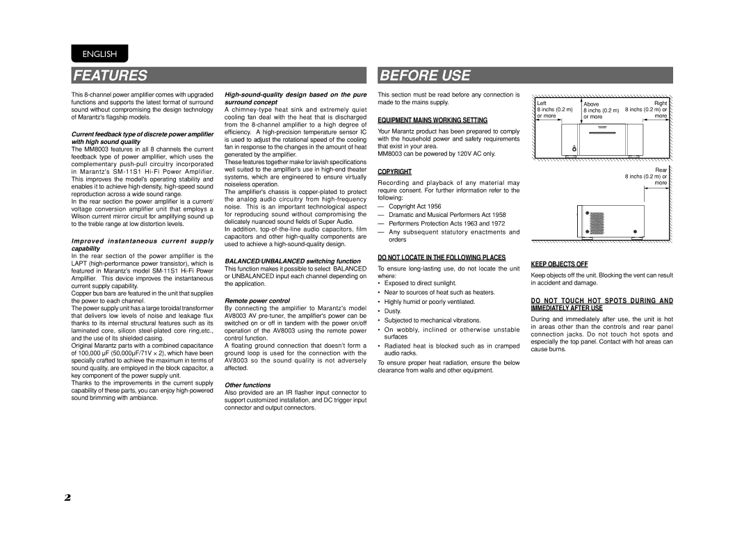 Marantz MM8003 manual Features 